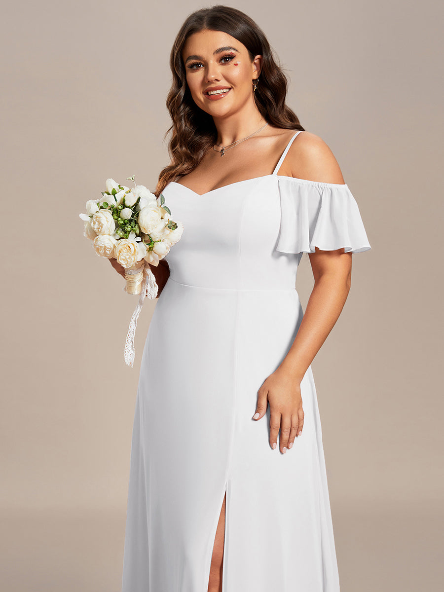 Stylish Cold-Shoulder Floor Length Bridesmaid Dress with Side Slit #color_White