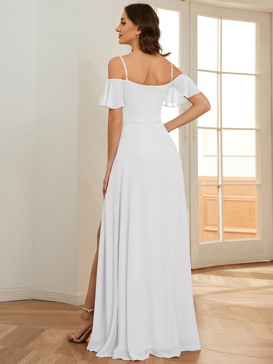 Stylish Cold-Shoulder Floor Length Bridesmaid Dress with Side Slit #color_White