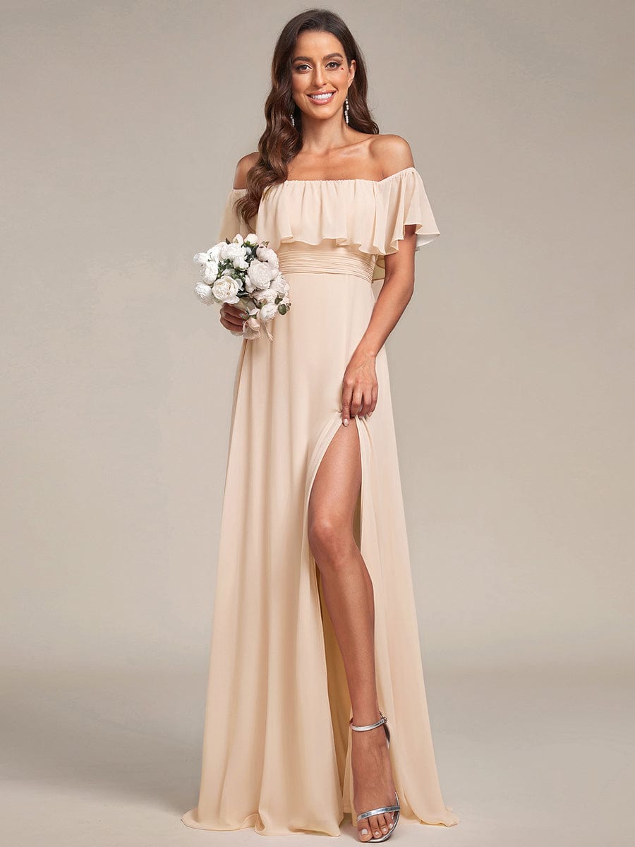 Women's Off-The-Shoulder Ruffle Thigh Split Bridesmaid Dresses #color_Blush