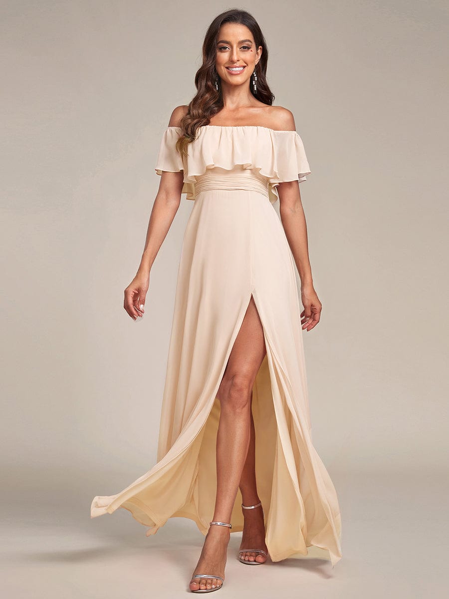 Women's Off-The-Shoulder Ruffle Thigh Split Bridesmaid Dresses #color_Blush