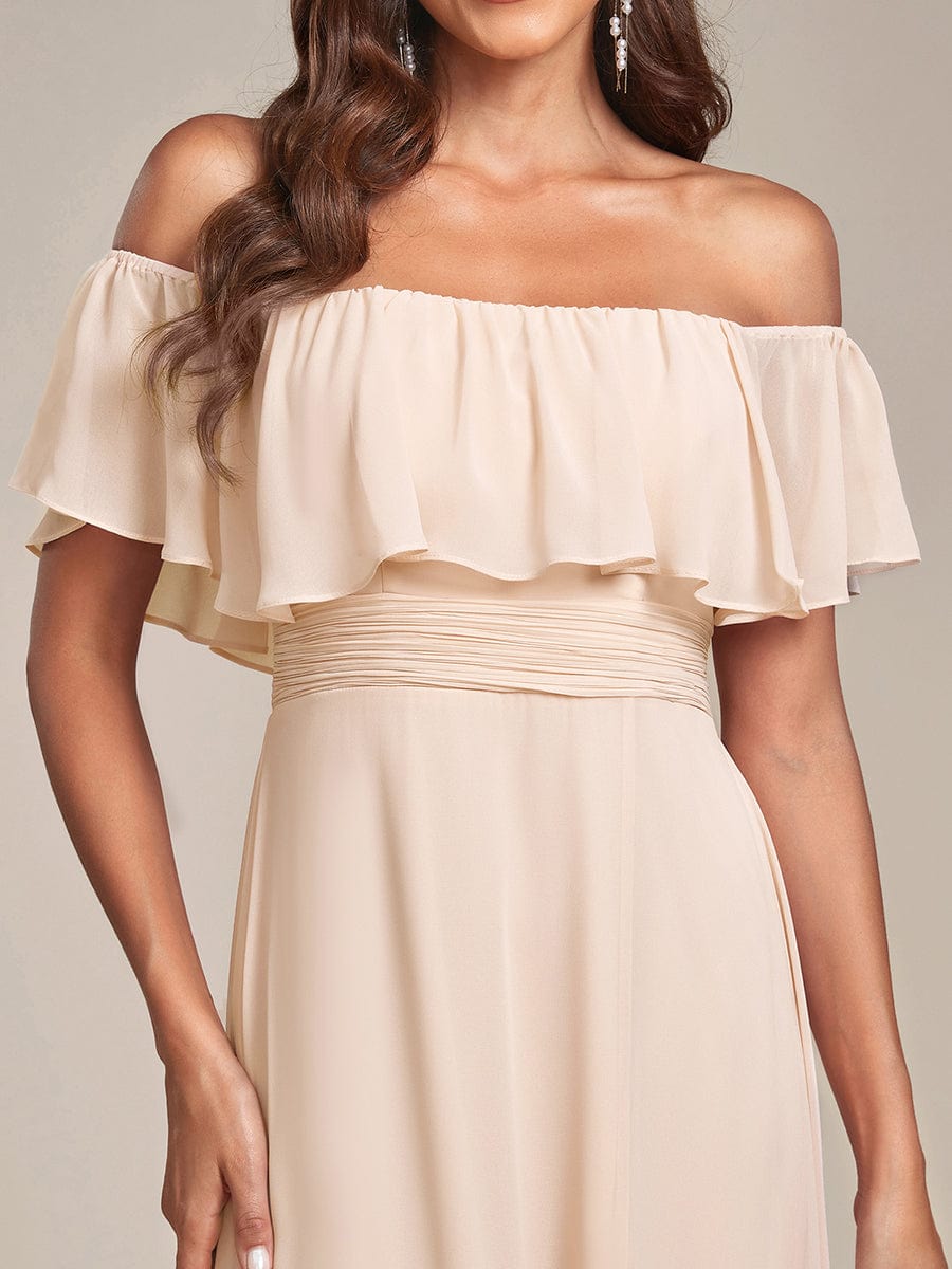 Women's Off-The-Shoulder Ruffle Thigh Split Bridesmaid Dresses #color_Blush