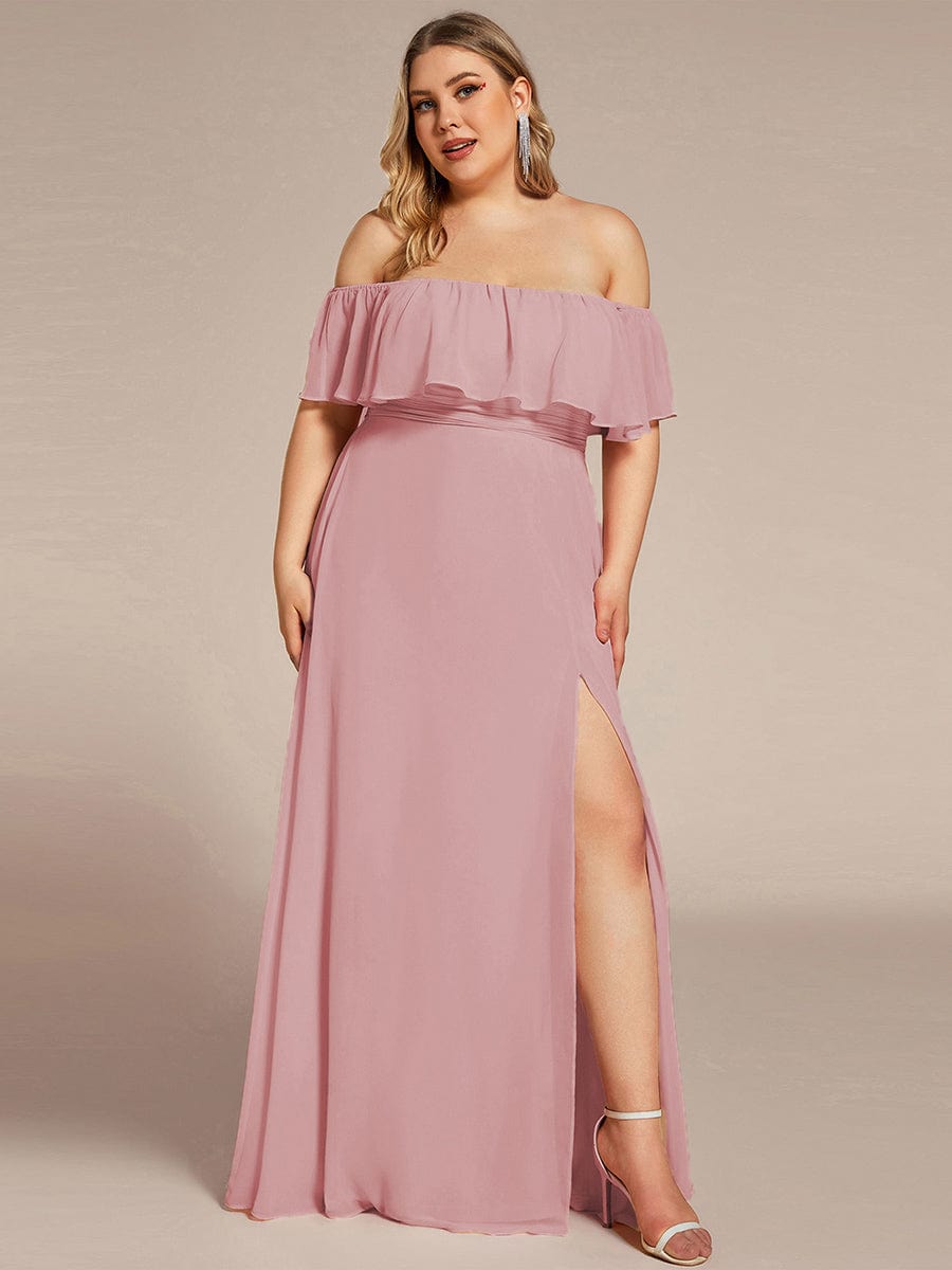 Women's Off-The-Shoulder Ruffle Thigh Split Plus Size Bridesmaid Dress #color_Dusty Rose