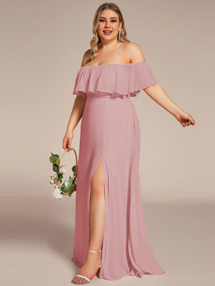 Women's Off-The-Shoulder Ruffle Thigh Split Bridesmaid Dresses #color_Dusty Rose