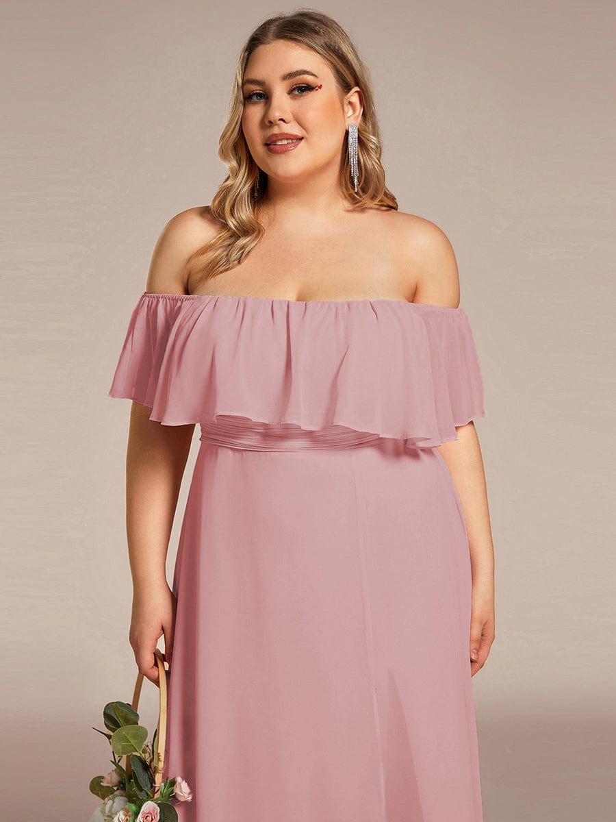 Women's Off-The-Shoulder Ruffle Thigh Split Bridesmaid Dresses #color_Dusty Rose