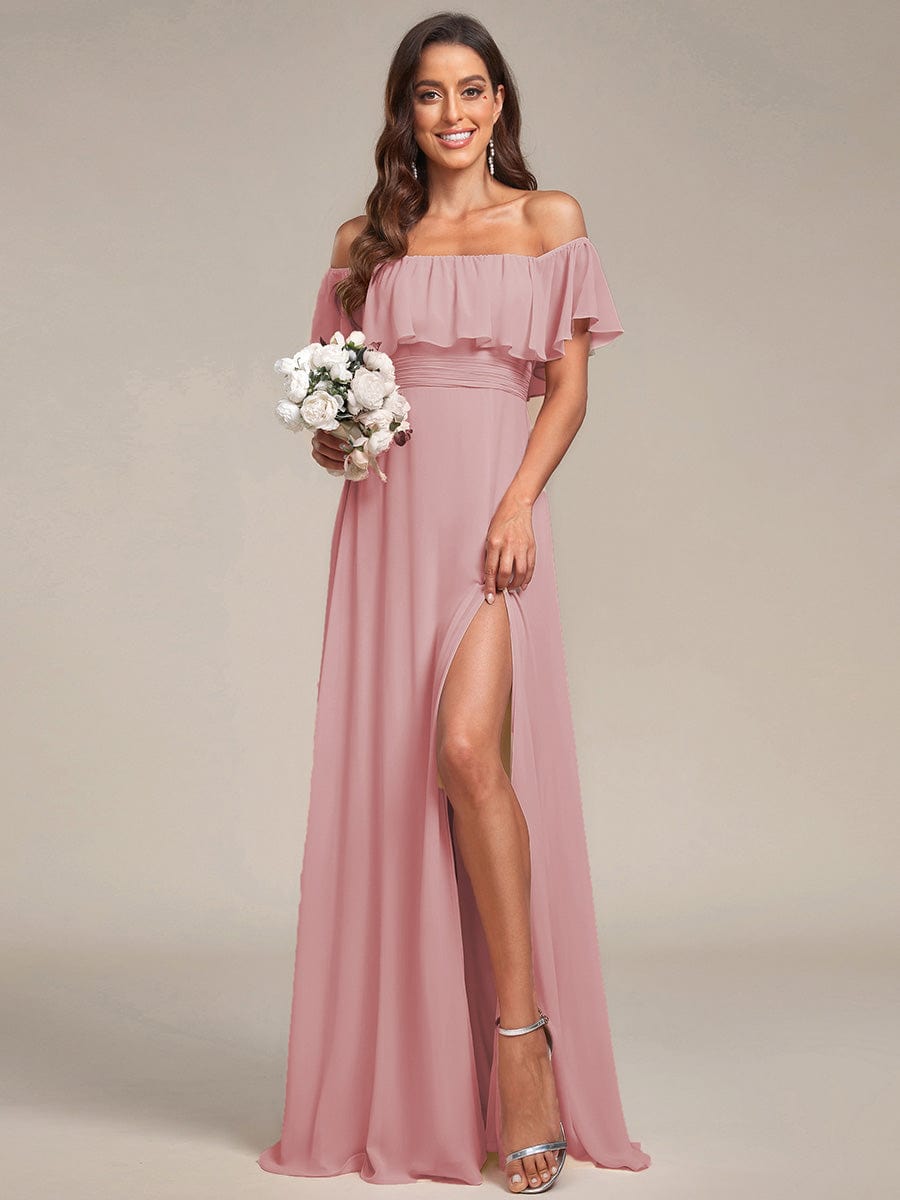 Women's Off-The-Shoulder Ruffle Thigh Split Bridesmaid Dresses #color_Dusty Rose