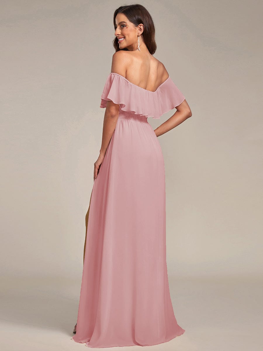 Women's Off-The-Shoulder Ruffle Thigh Split Bridesmaid Dresses #color_Dusty Rose