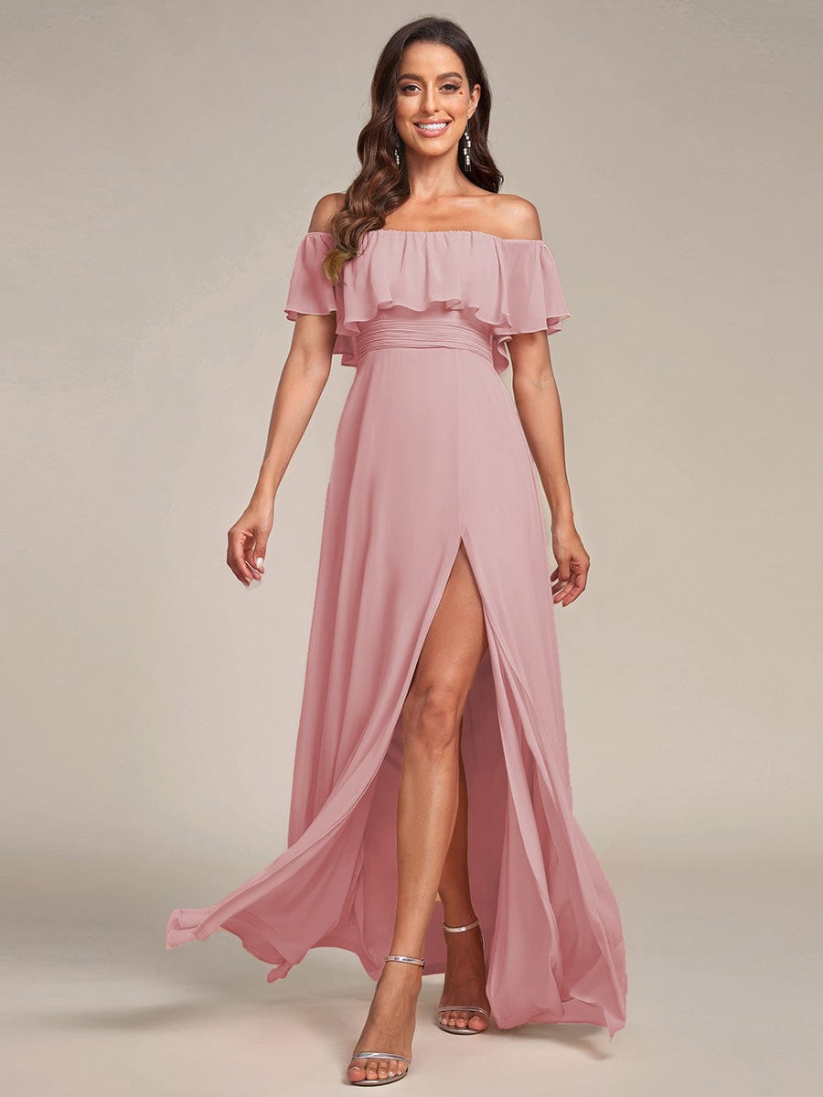 Women's Off-The-Shoulder Ruffle Thigh Split Bridesmaid Dresses #color_Dusty Rose