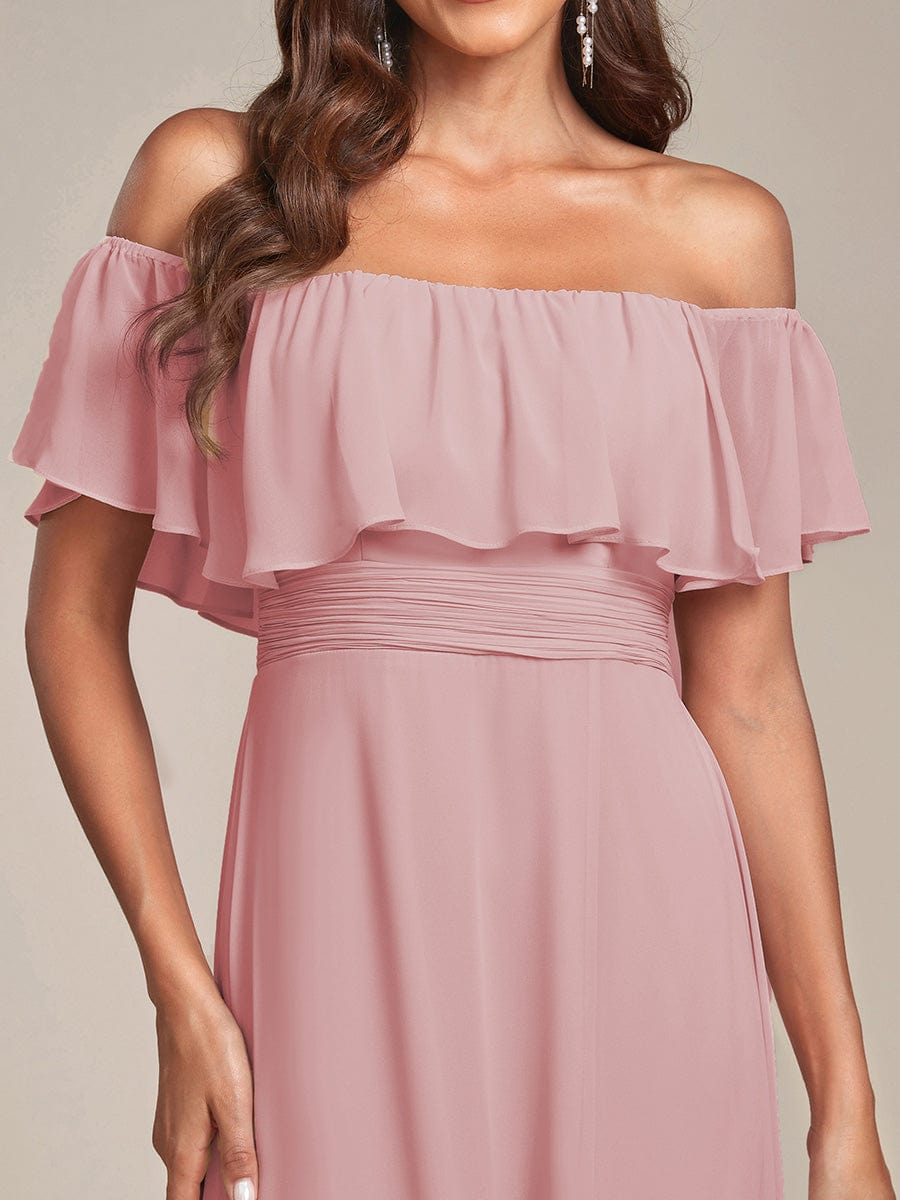 Women's Off-The-Shoulder Ruffle Thigh Split Bridesmaid Dresses #color_Dusty Rose