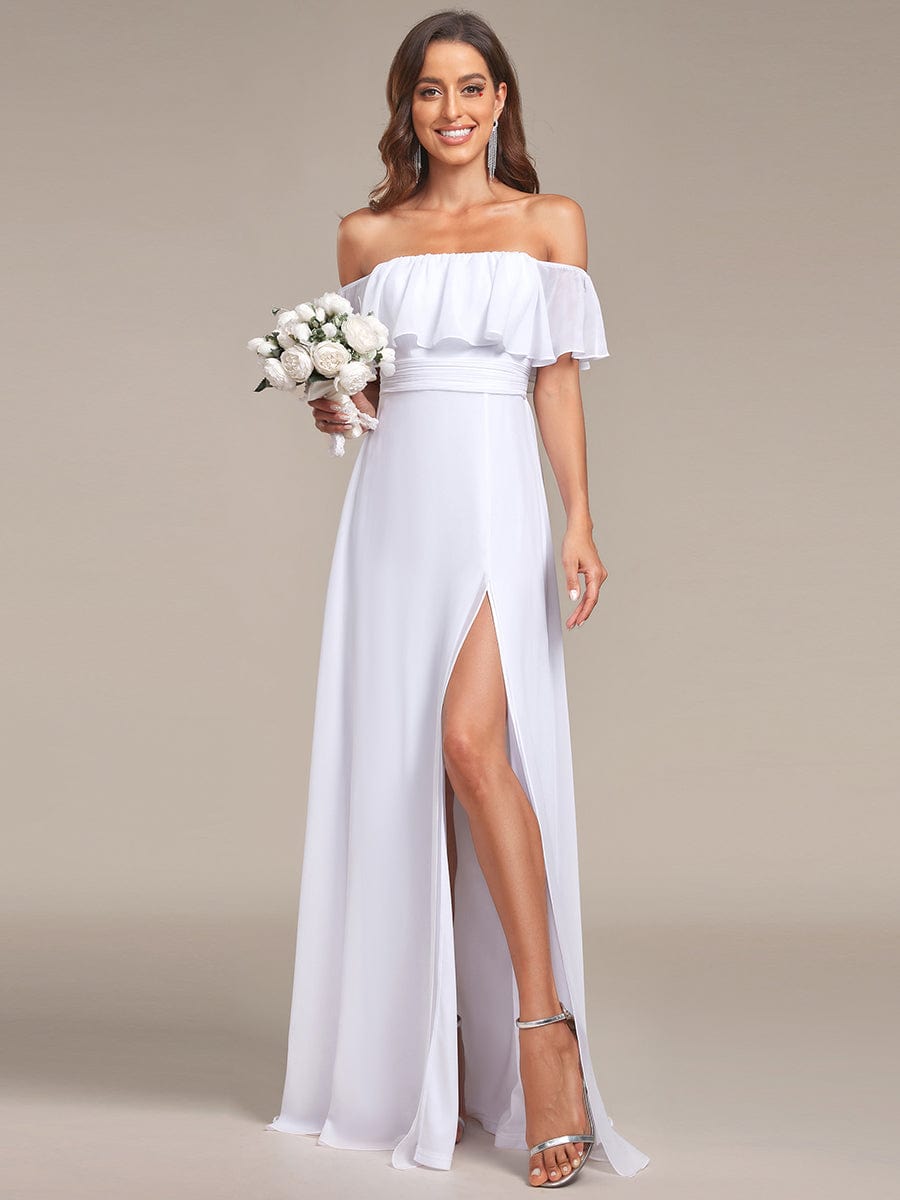 Women's Off-The-Shoulder Ruffle Thigh Split Bridesmaid Dresses #color_White