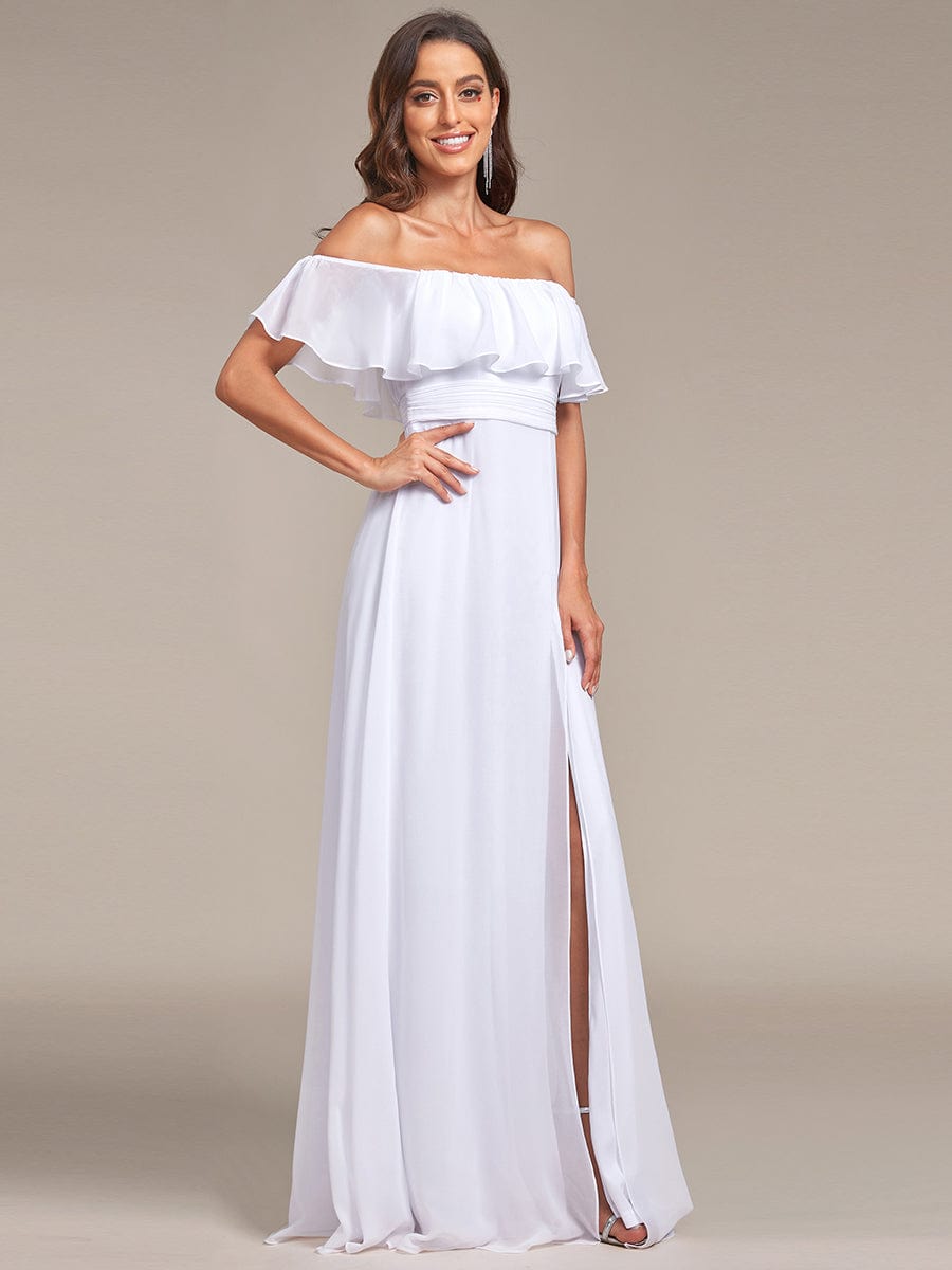 Women's Off-The-Shoulder Ruffle Thigh Split Bridesmaid Dresses #color_White