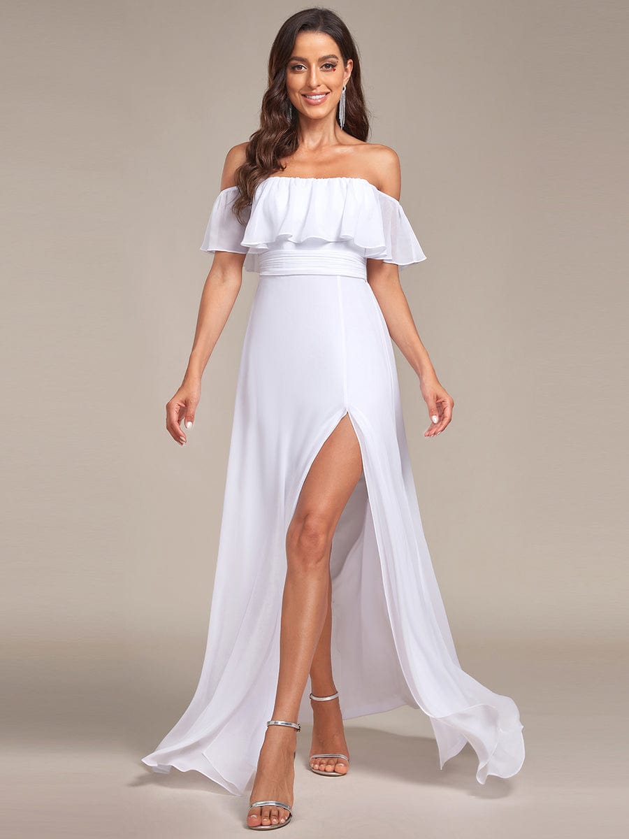 Women's Off-The-Shoulder Ruffle Thigh Split Bridesmaid Dresses #color_White