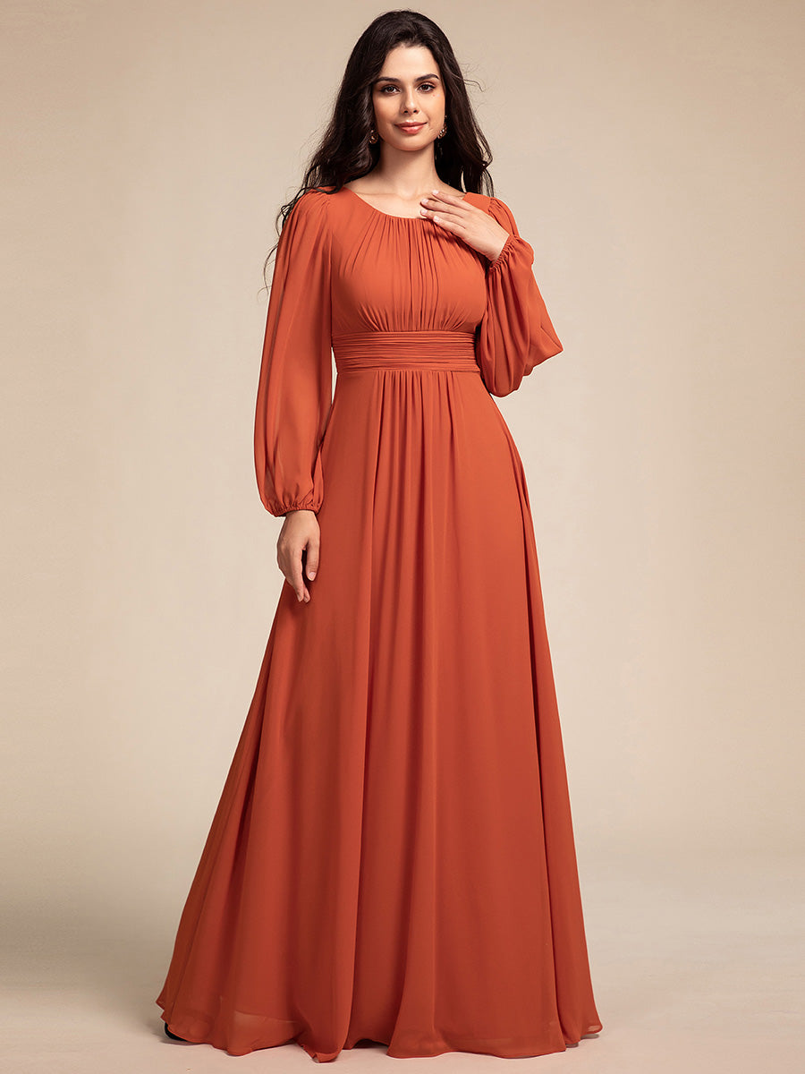 Chiffon Long Sleeve Pleated Floor Length Bridesmaid Dress #color_Burnt Orange