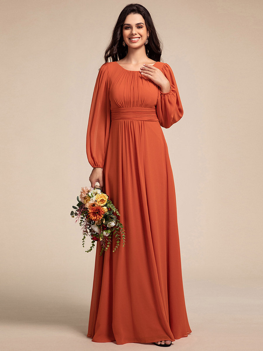 Chiffon Long Sleeve Pleated Floor Length Bridesmaid Dress #color_Burnt Orange