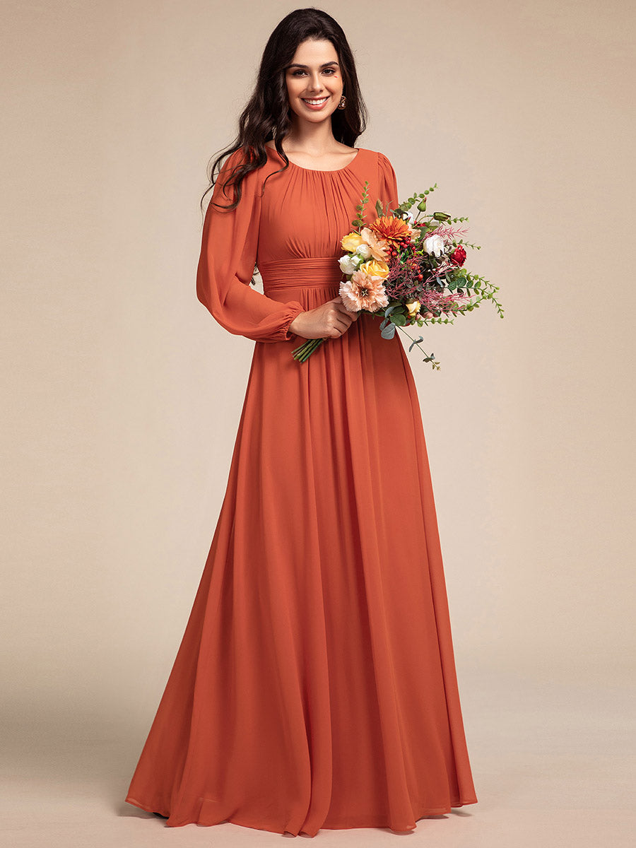 Chiffon Long Sleeve Pleated Floor Length Bridesmaid Dress #color_Burnt Orange