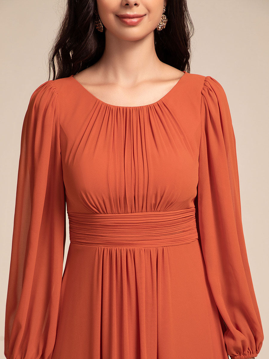 Chiffon Long Sleeve Pleated Floor Length Bridesmaid Dress #color_Burnt Orange