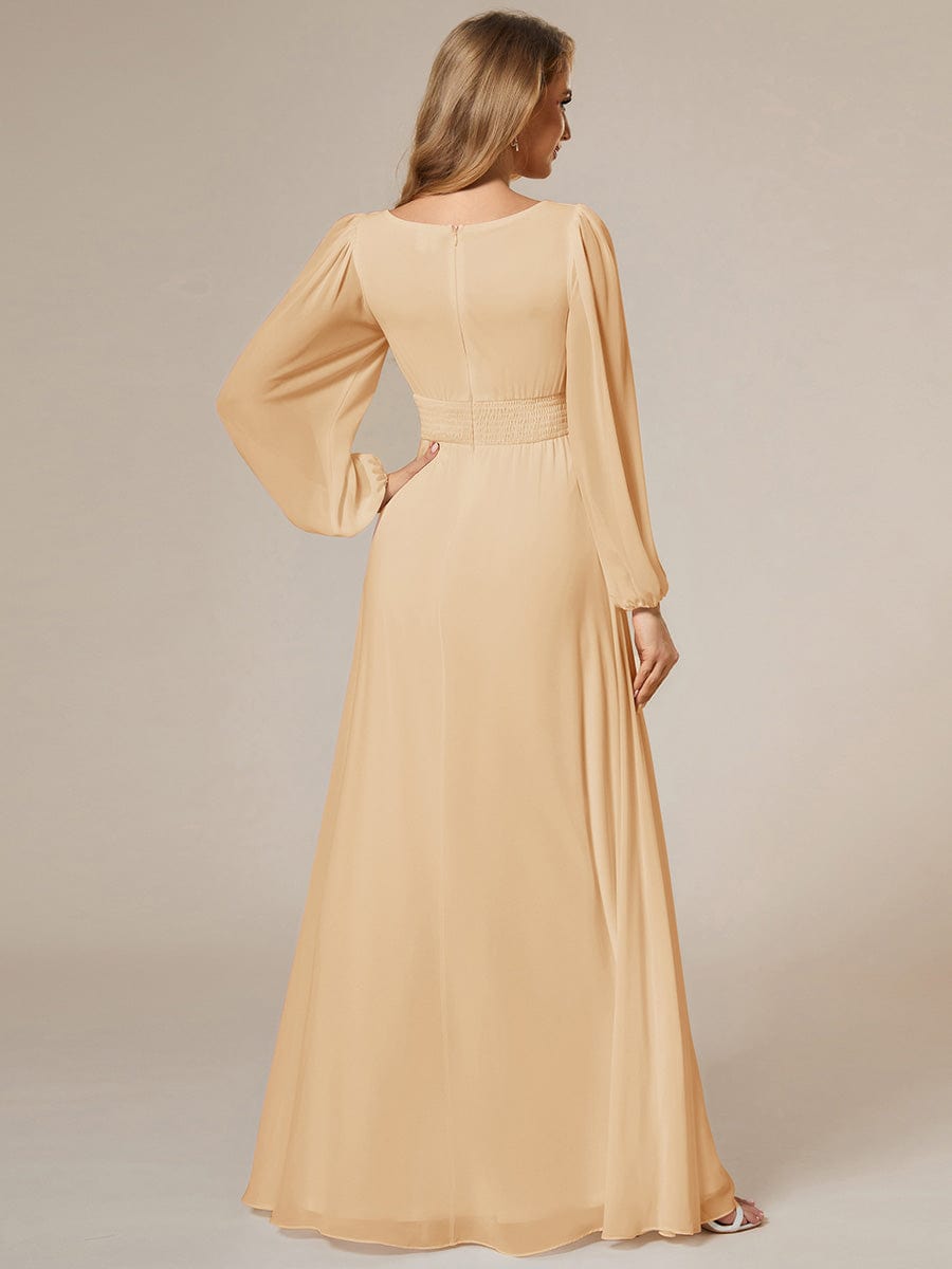 Custom Size See-Througth Puff Sleeve Chiffon Bridesmaid Dress #color_Champagne