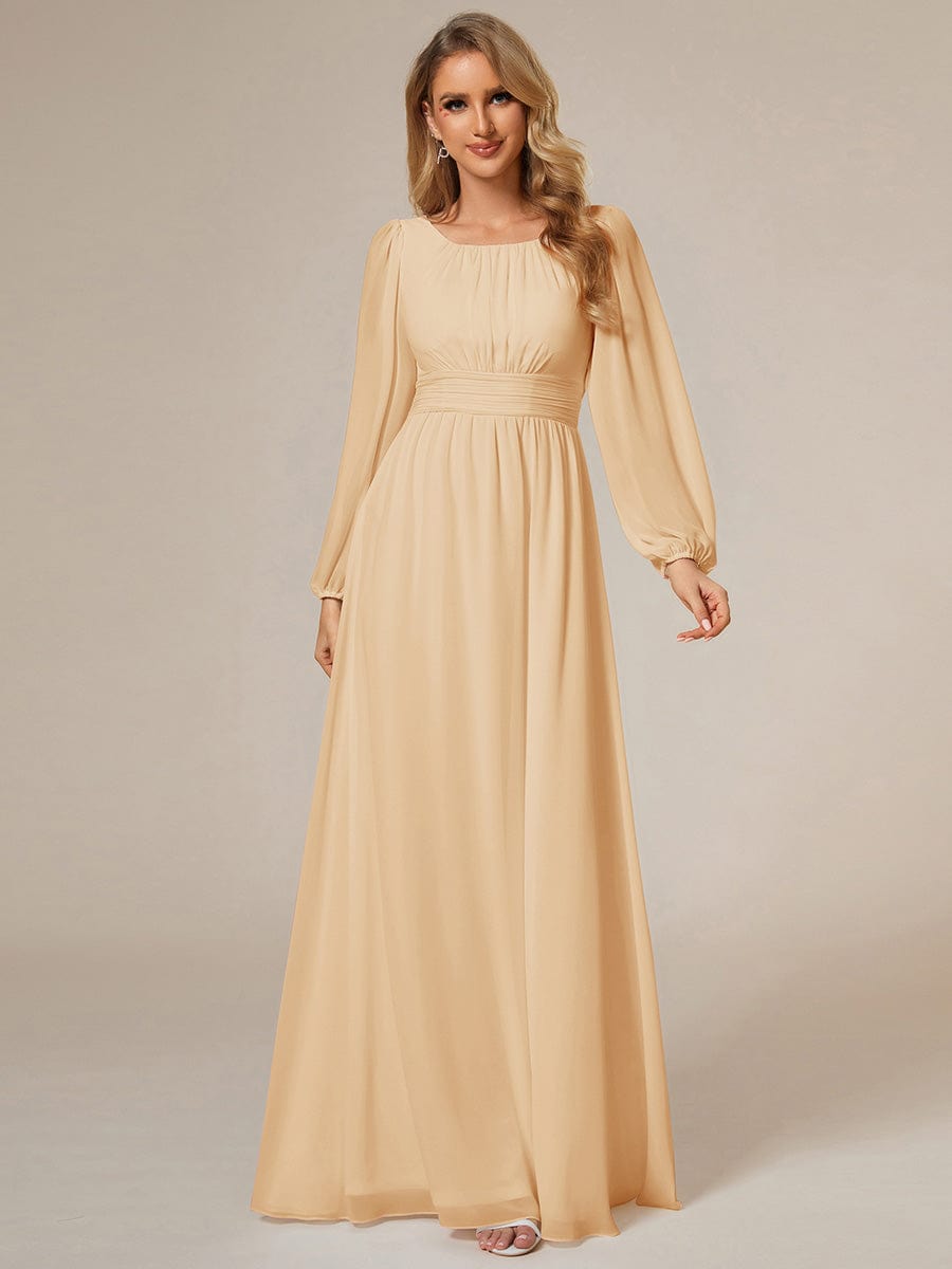 Custom Size See-Througth Puff Sleeve Chiffon Bridesmaid Dress #color_Champagne