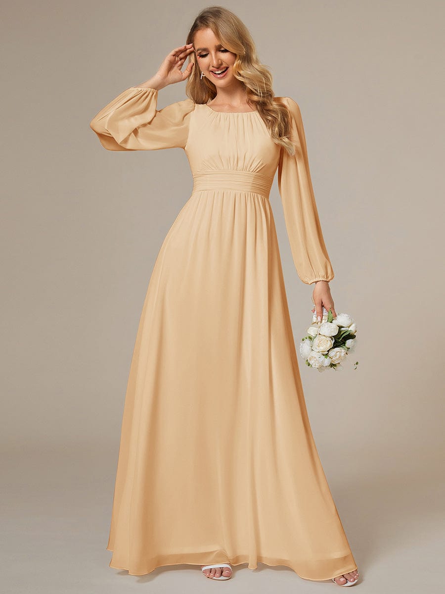 Custom Size See-Througth Puff Sleeve Chiffon Bridesmaid Dress #color_Champagne