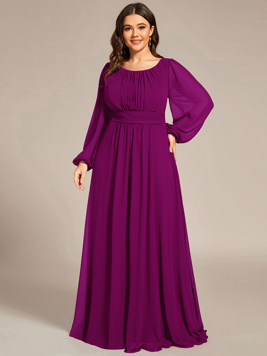 Chiffon Long Sleeve Pleated Floor Length Bridesmaid Dress #color_Fuchsia