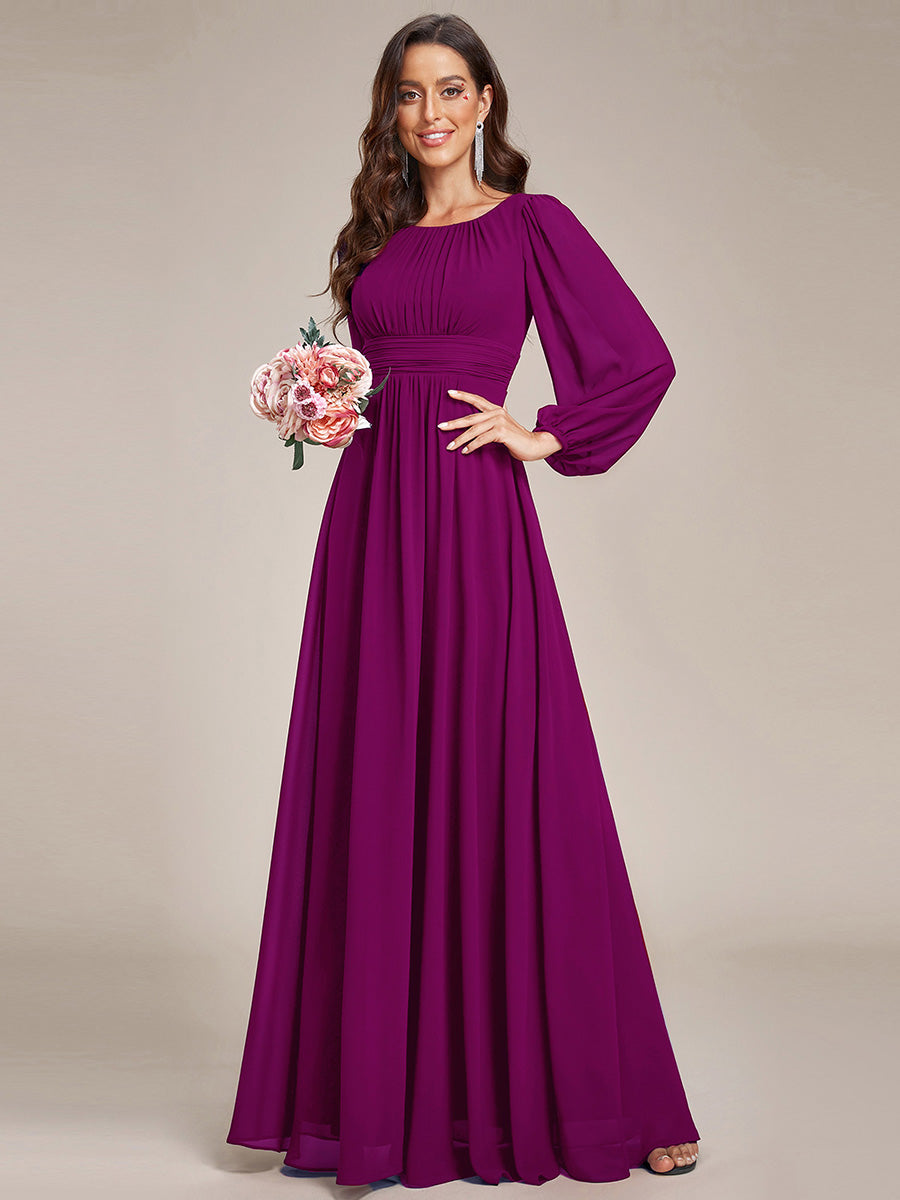 Chiffon Long Sleeve Pleated Floor Length Bridesmaid Dress #color_Fuchsia