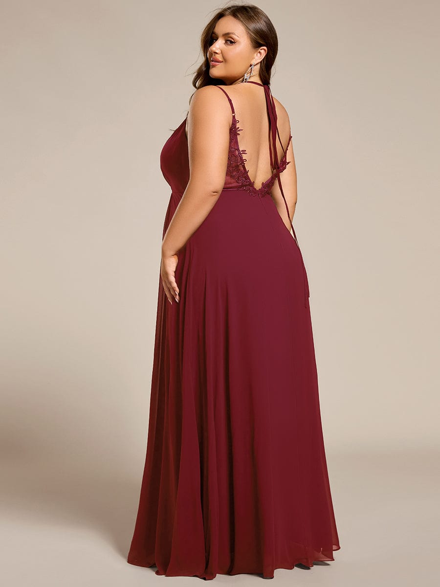 Chiffon and Lace Open Back Bridesmaid Dress with Spaghetti Straps #color_Burgundy