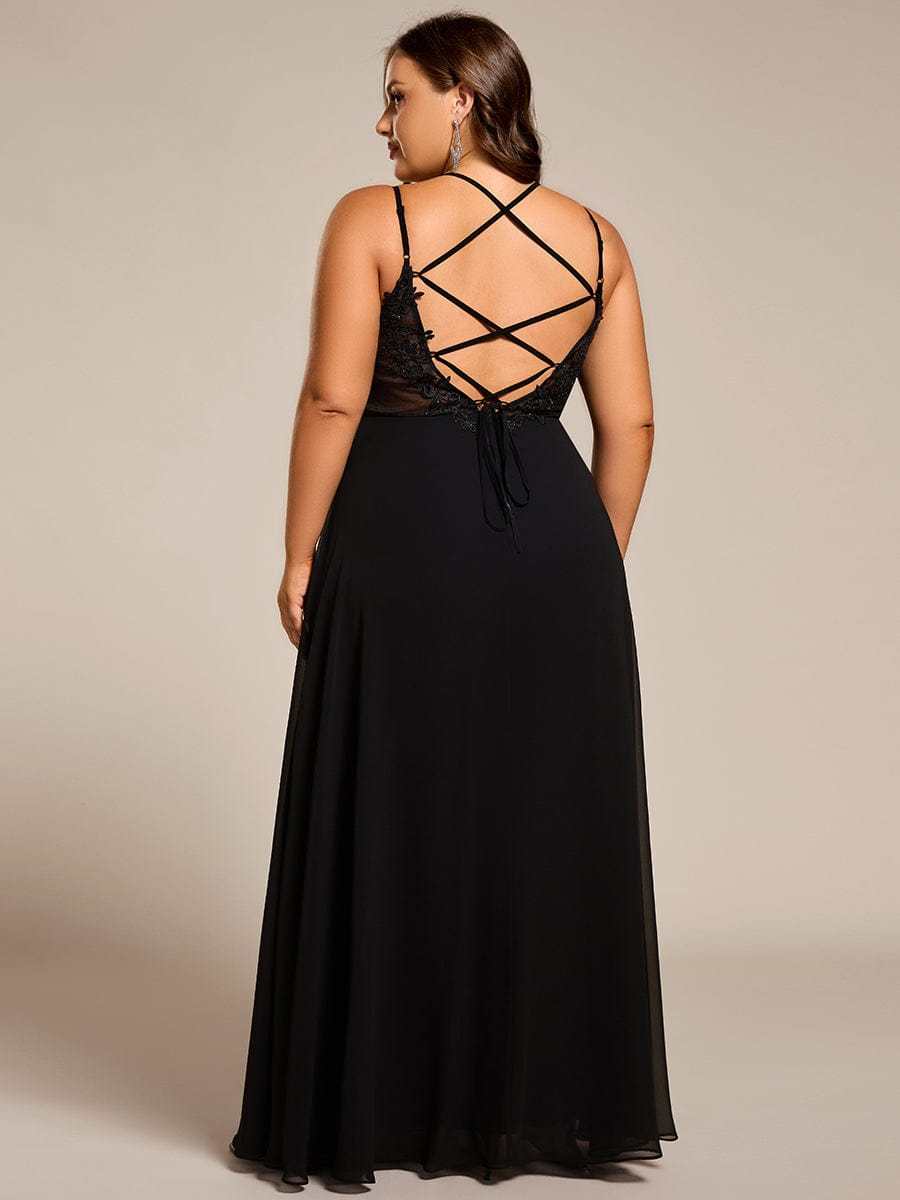 Chiffon and Lace Open Back Dress with Spaghetti Straps in Black #color_Black