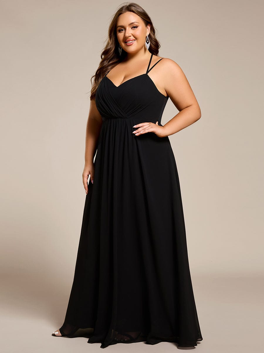 Chiffon and Lace Open Back Dress with Spaghetti Straps in Black #color_Black