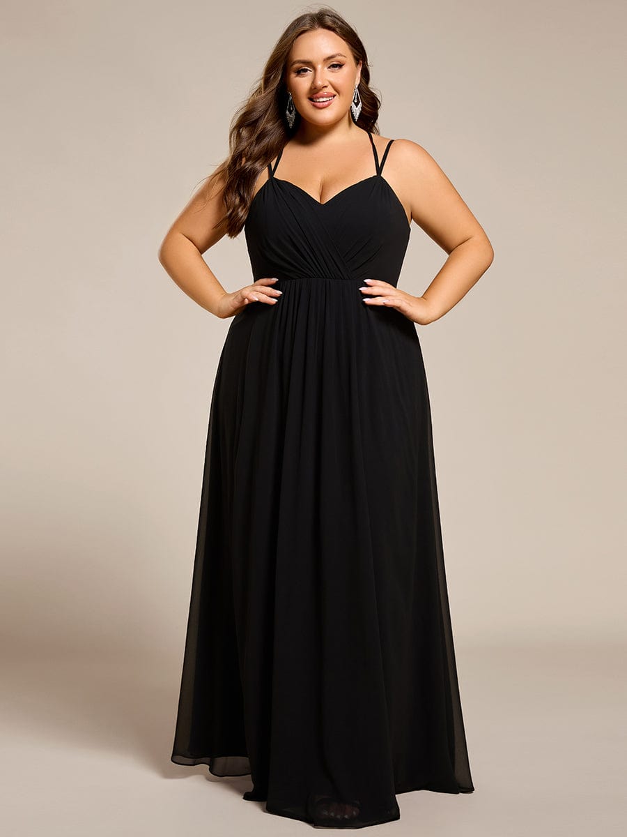 Chiffon and Lace Open Back Dress with Spaghetti Straps in Black #color_Black