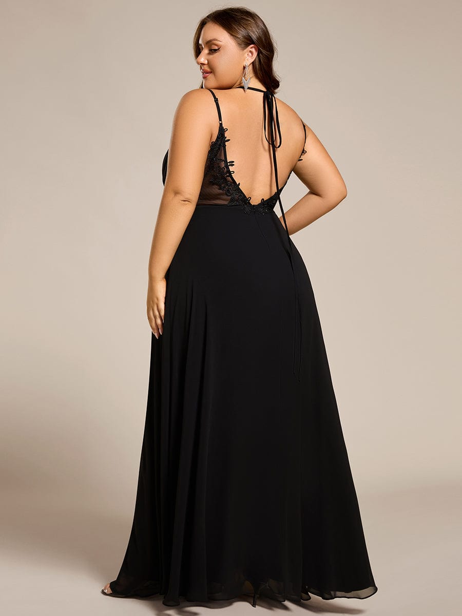 Chiffon and Lace Open Back Dress with Spaghetti Straps in Black #color_Black