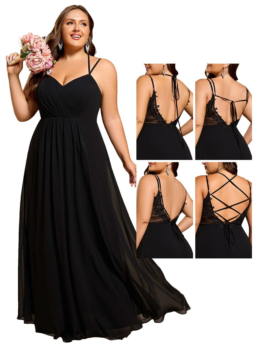 Chiffon and Lace Open Back Dress with Spaghetti Straps in Black #color_Black