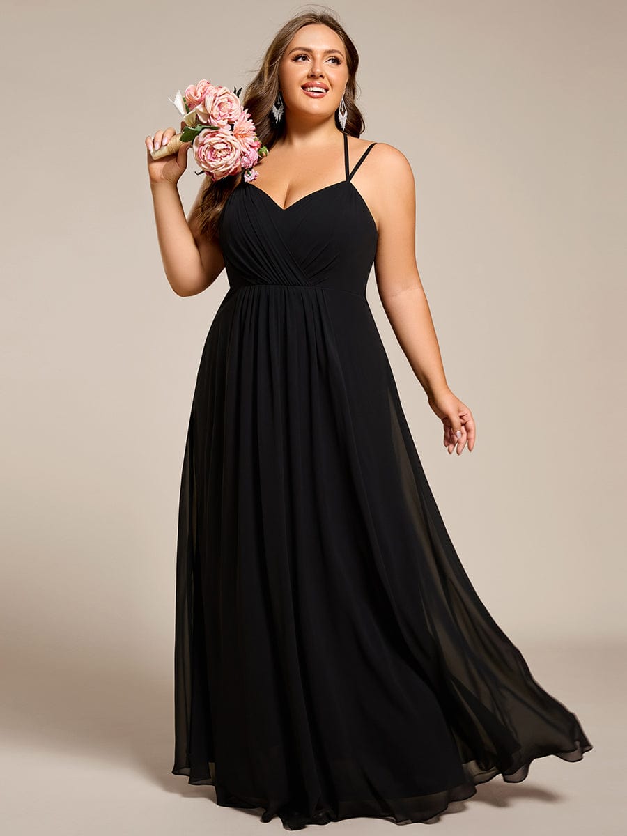 Chiffon and Lace Open Back Dress with Spaghetti Straps in Black #color_Black