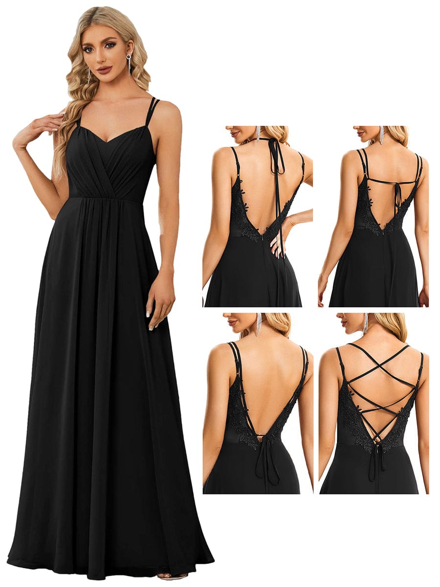 Chiffon and Lace Open Back Dress with Spaghetti Straps in Black #color_Black