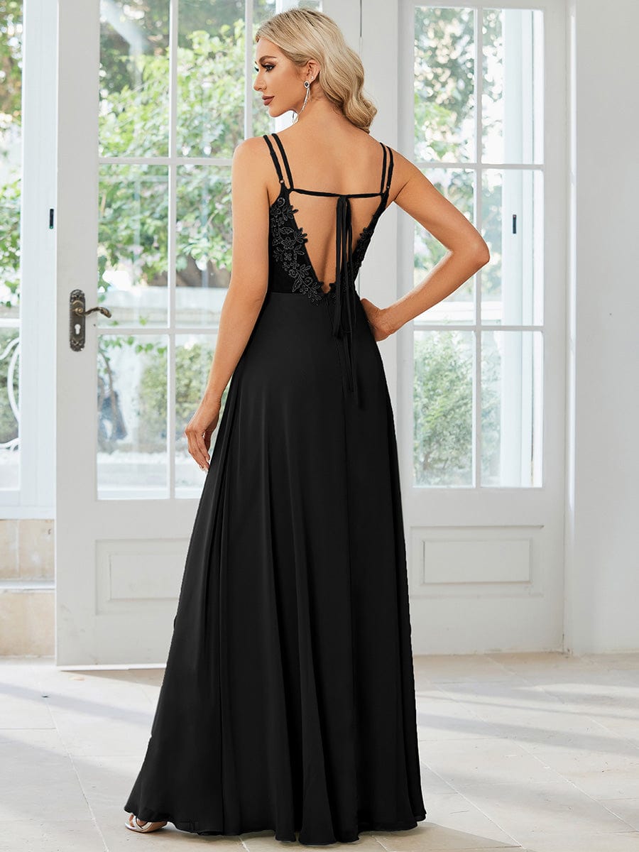 Chiffon and Lace Open Back Dress with Spaghetti Straps in Black #color_Black