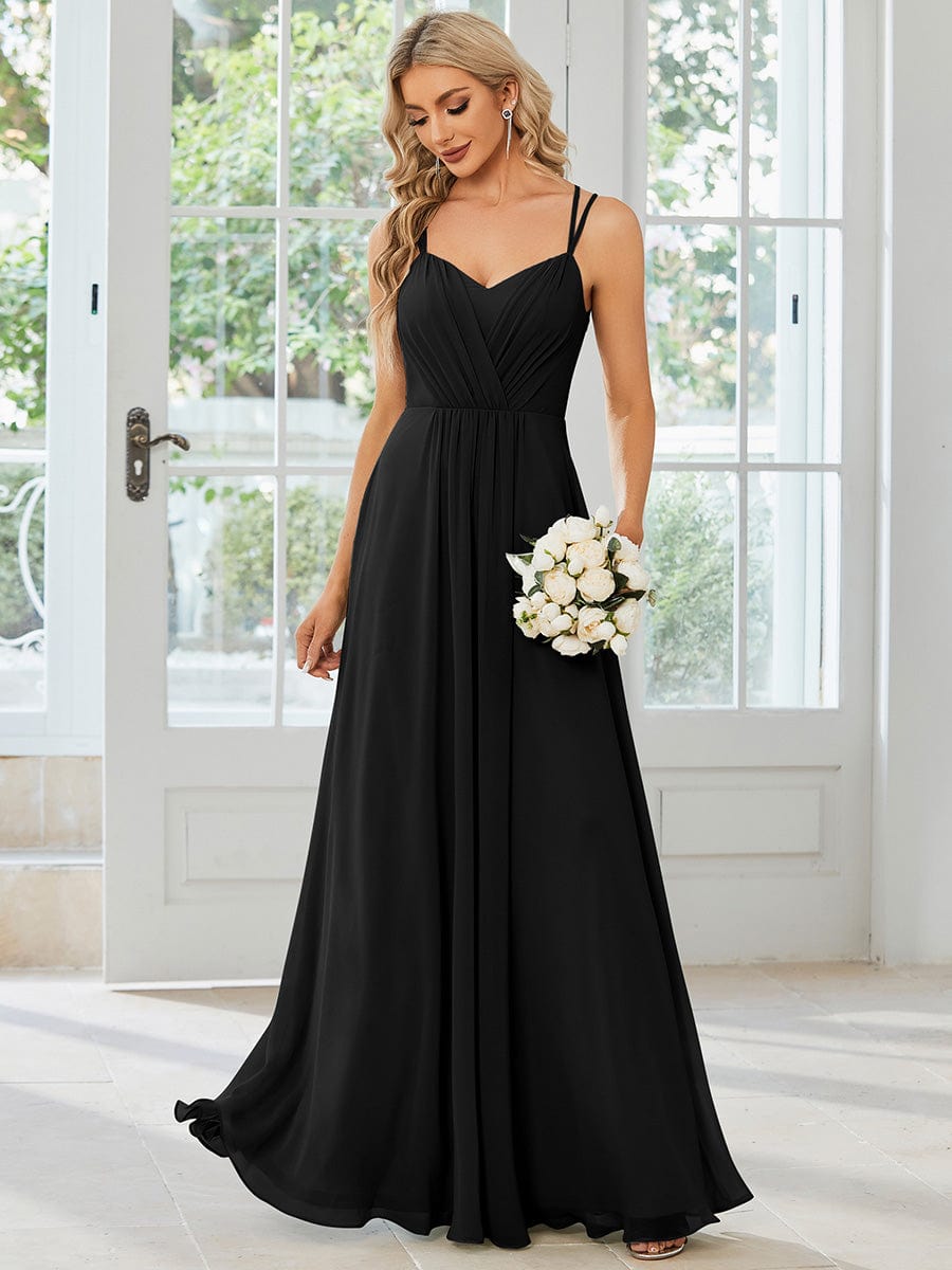 Chiffon and Lace Open Back Dress with Spaghetti Straps in Black #color_Black