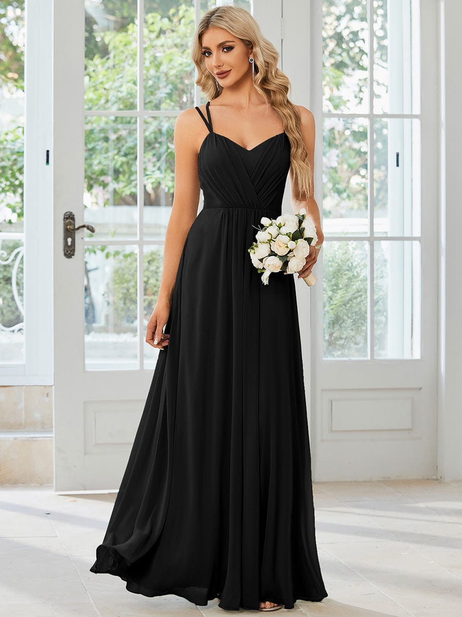 Chiffon and Lace Open Back Dress with Spaghetti Straps in Black #color_Black