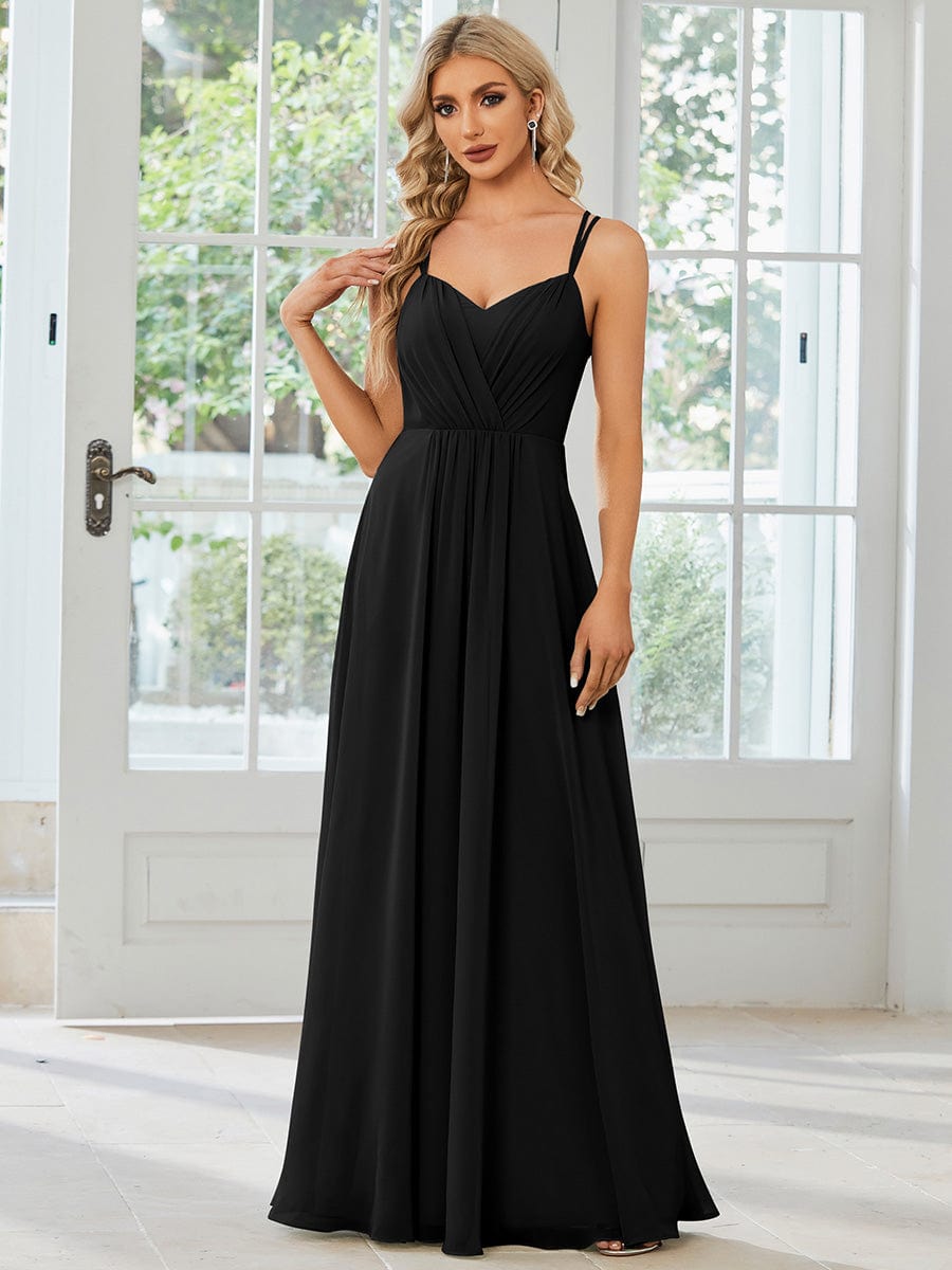 Chiffon and Lace Open Back Dress with Spaghetti Straps in Black #color_Black