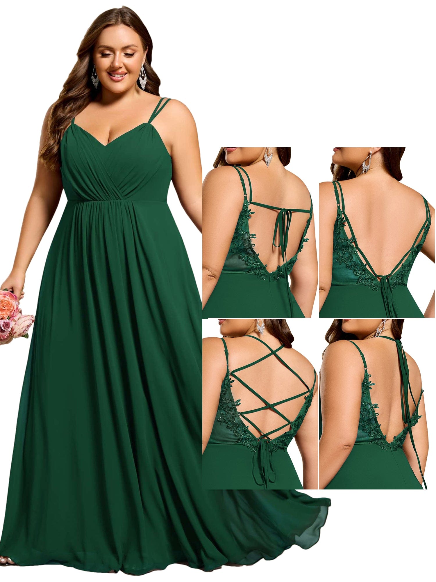 Chiffon and Lace Open Back Bridesmaid Dress with Spaghetti Straps #color_Dark Green