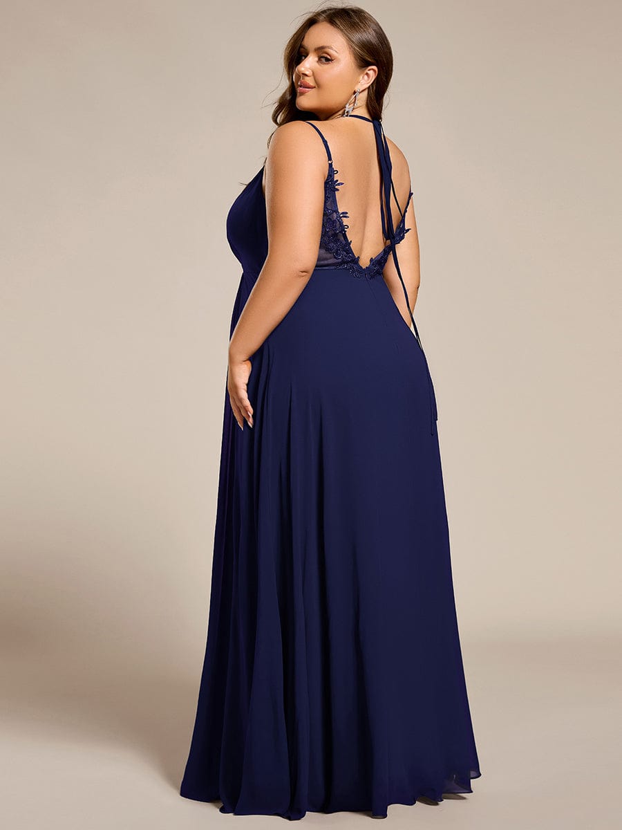 Chiffon and Lace Open Back Bridesmaid Dress with Spaghetti Straps #color_Navy Blue