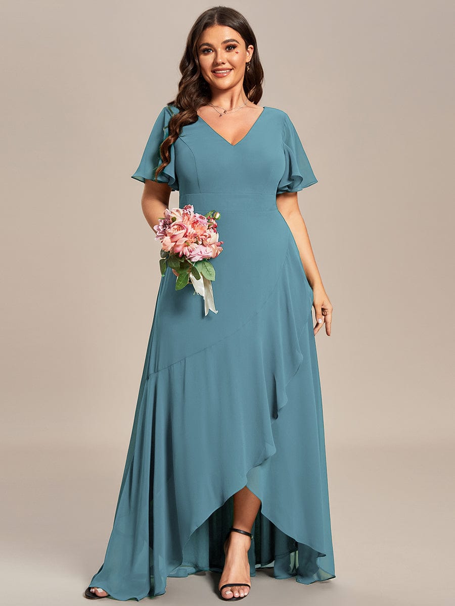 Plus Size Elegant Lotus Sleeves Chiffon Bridesmaid Dress #color_Dusty Blue