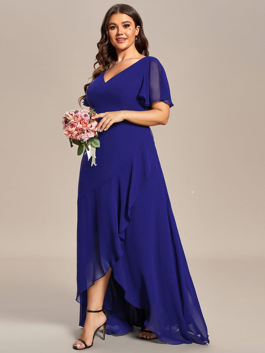 Plus Size Elegant Lotus Sleeves Chiffon Bridesmaid Dress #color_Sapphire Blue