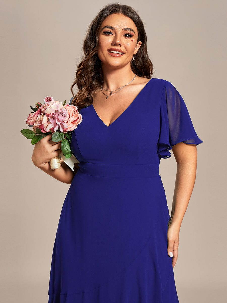 Plus Size Elegant Lotus Sleeves Chiffon Bridesmaid Dress #color_Sapphire Blue