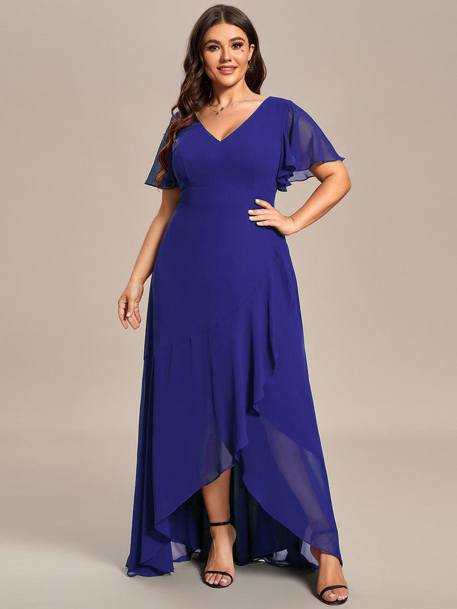 Plus Size Elegant Lotus Sleeves Chiffon Bridesmaid Dress #color_Sapphire Blue