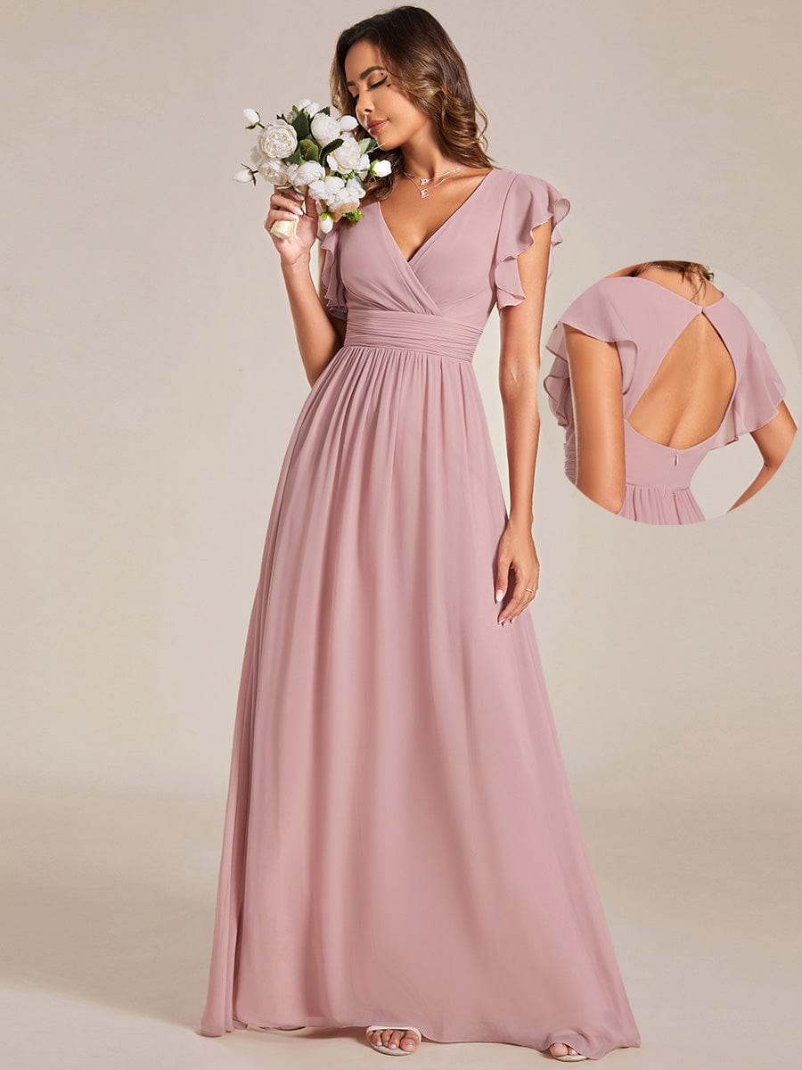 Elegant V-Neck Open Back Chiffon Bridesmaid Dress with Ruffled Sleeves #color_Dusty Rose