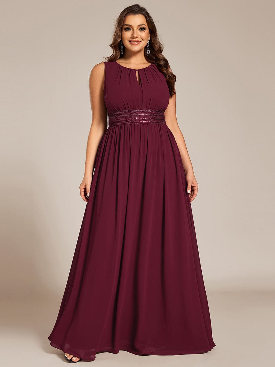 A-Line Chiffon Bridesmaid Dress with Sleeveless Round Neckline and Pleats #color_Burgundy