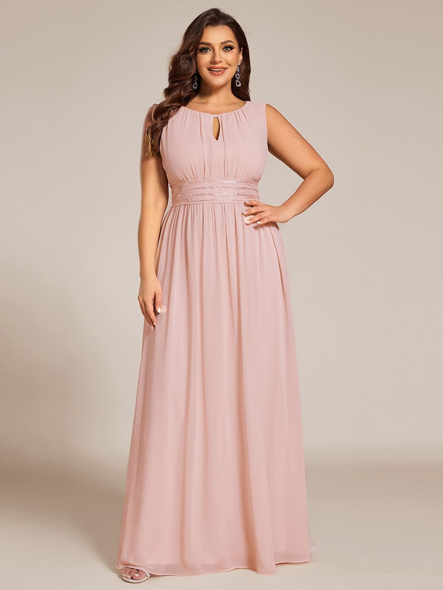 A-Line Chiffon Bridesmaid Dress with Sleeveless Round Neckline and Pleats #color_Pink