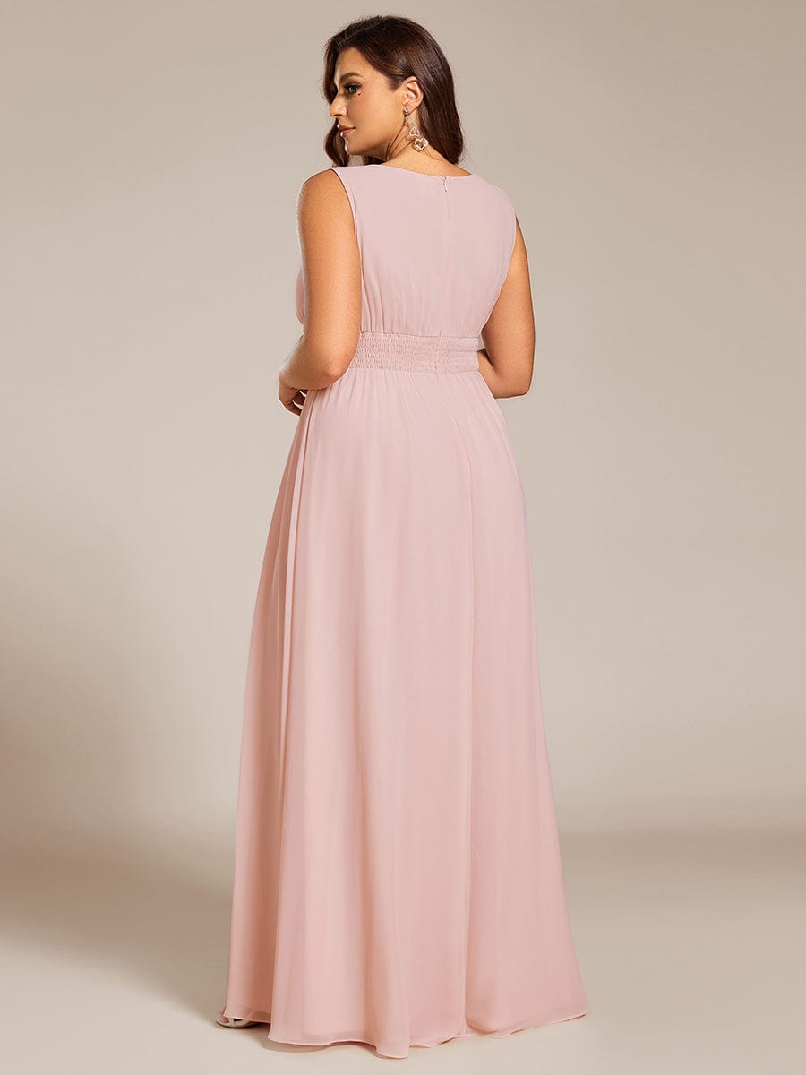 A-Line Chiffon Bridesmaid Dress with Sleeveless Round Neckline and Pleats #color_Pink