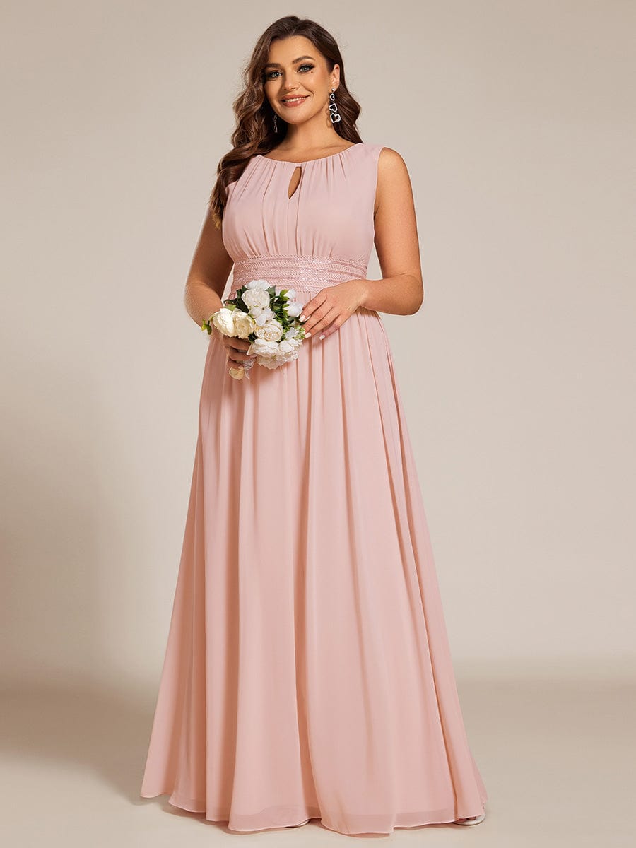 A-Line Chiffon Bridesmaid Dress with Sleeveless Round Neckline and Pleats #color_Pink