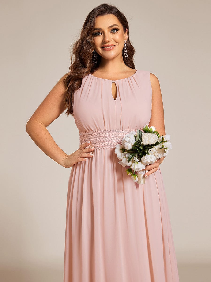 A-Line Chiffon Bridesmaid Dress with Sleeveless Round Neckline and Pleats #color_Pink