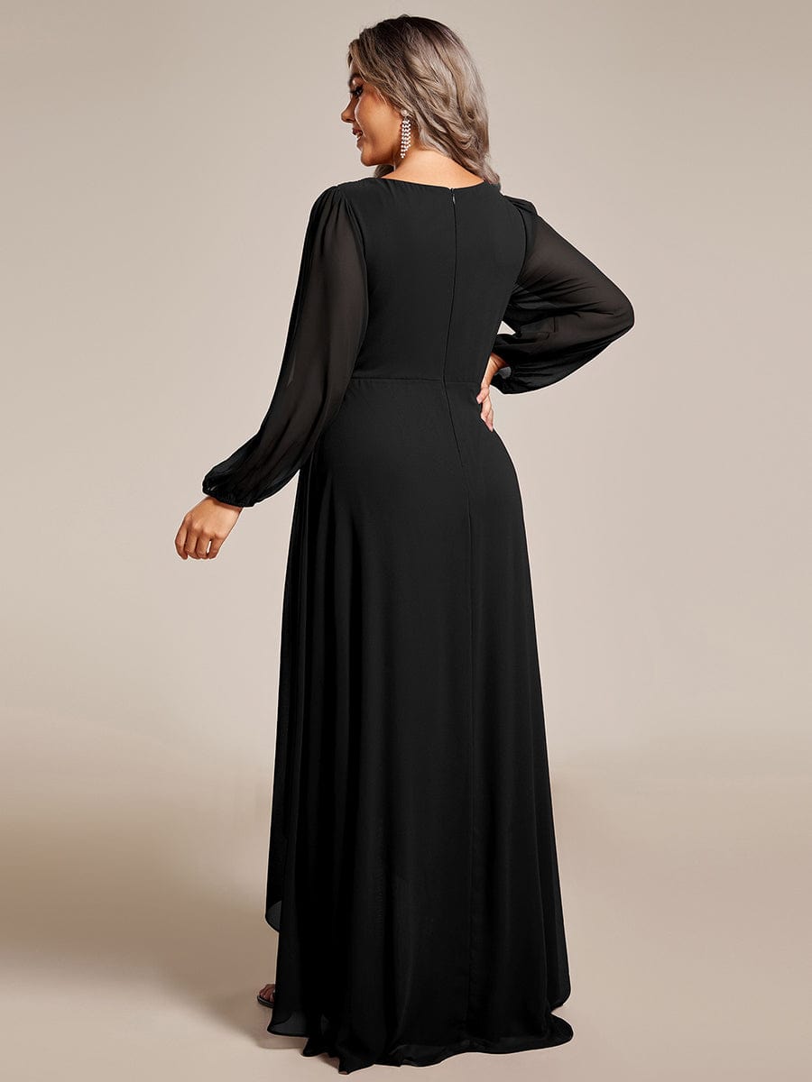 Enchanting Chiffon Lantern Sleeve Pleated High Waist Dress in Black #color_Black