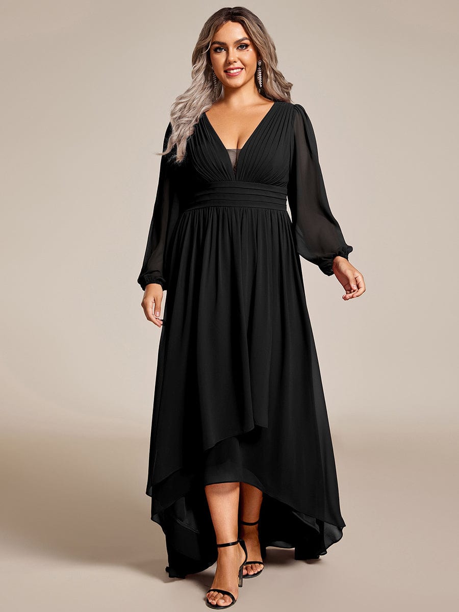 Enchanting Chiffon Lantern Sleeve Pleated High Waist Dress in Black #color_Black